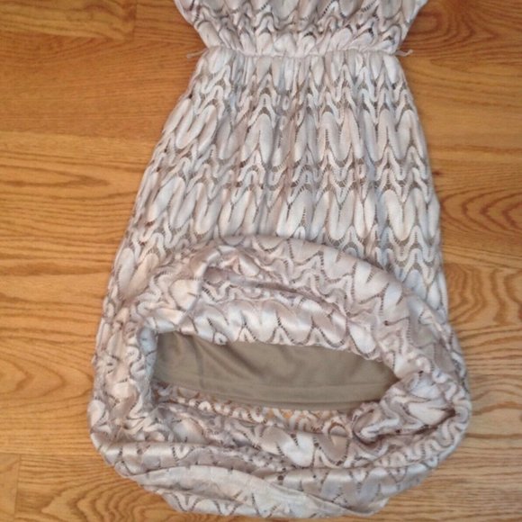 SANS SOUCI STRAPLESS SHEER LACE MAXI DRESS WOMENS S BEIGE LINED POLYESTER BOHO - Picture 11 of 12
